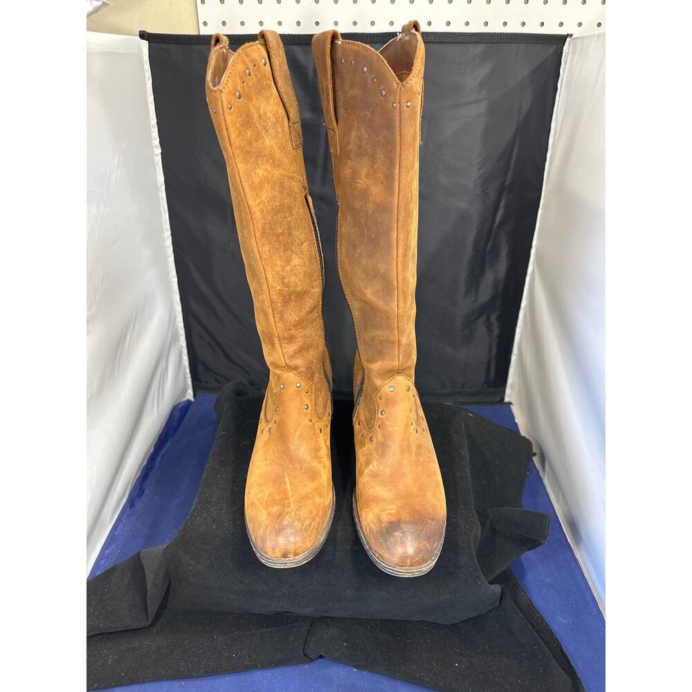 BOC Born Concept Tall Brown Leather Boots Studded Western Riding Boho 8.5